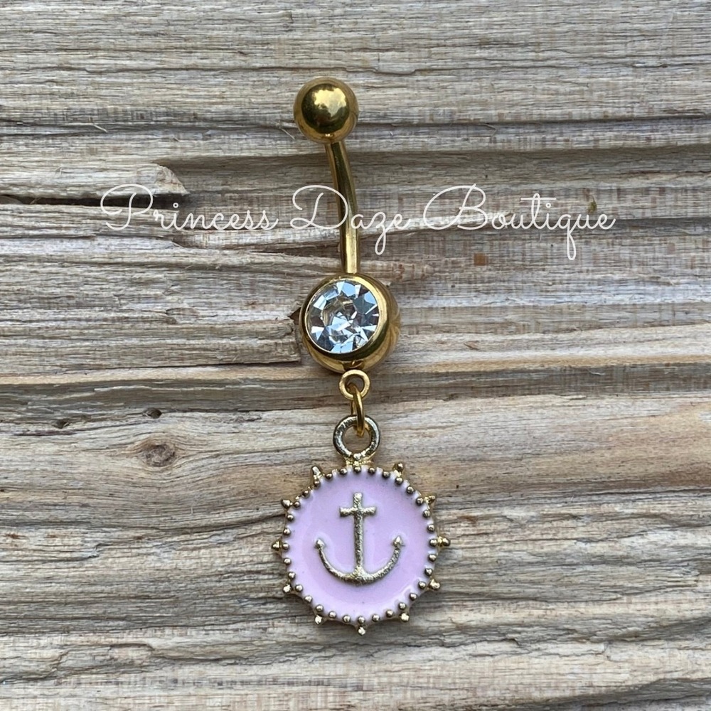 Gold Pink Anchor Nautical Dangle Belly‎ Button Ring Navel Piercing Jewelry